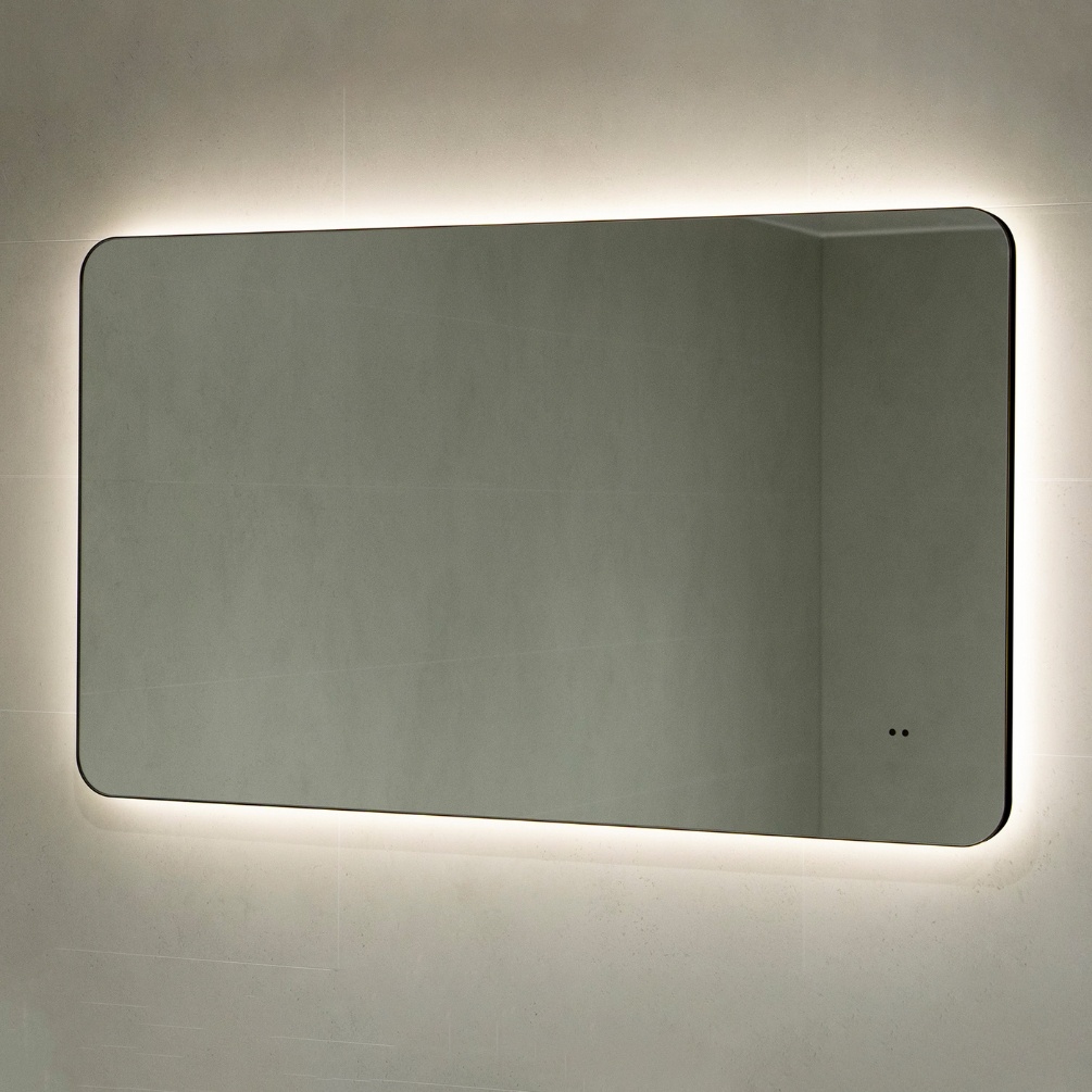 Lifestyle image of the hib. Arcane Curve 1200mm x 700mm Black Illuminated Frame Mirror